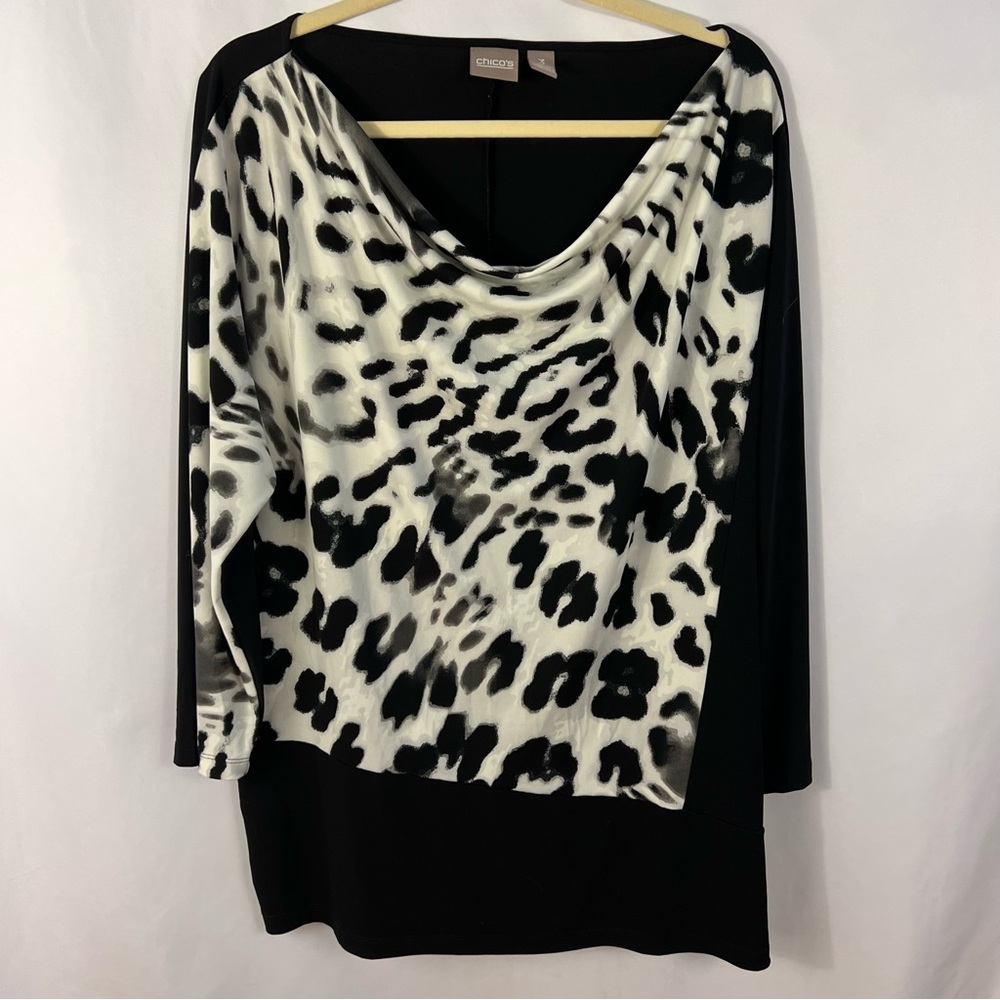 Chicos 3 Top Animal Print Tunic Size XL Large Black White Slinky 3/4 Sleeve